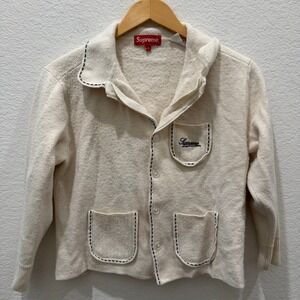 Supreme Knit Cardigan Off White Cream Whipstitch Button Down Sweater Small